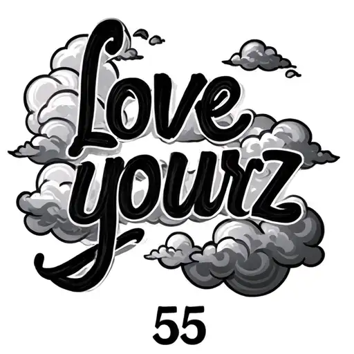 forearm cursive tattoo for a man of the words "love yourz" with clouds going all around it and the number 555 tattoo design idea