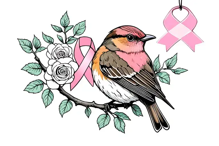 Colored Robin sitting on branch with roses around it with a cancer ribbon hanging on the branch tattoo design idea
