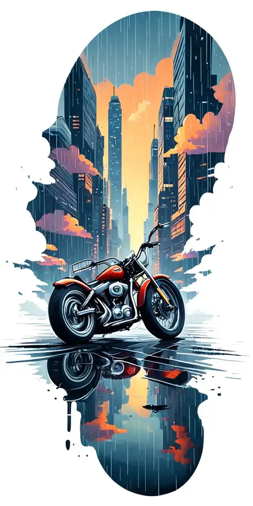 Rainy Cityscape with a harley motorcycle, sunset, clouds tattoo design idea