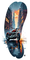 Rainy Cityscape with a harley motorcycle, sunset, clouds tattoo design idea