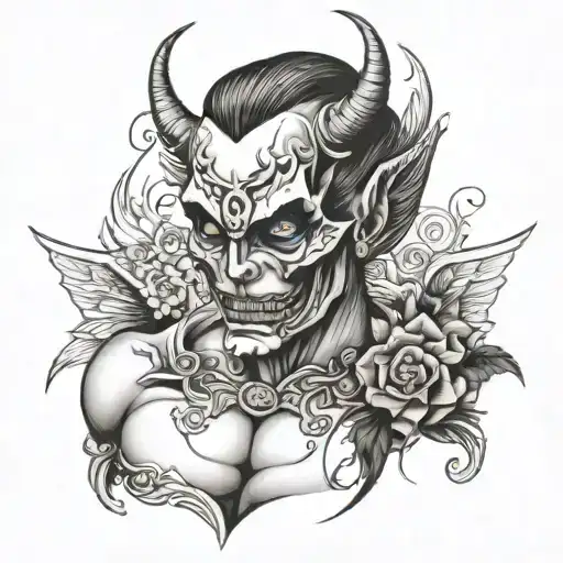bige detailed chest tattoo half angel halg devil face tattoo design idea