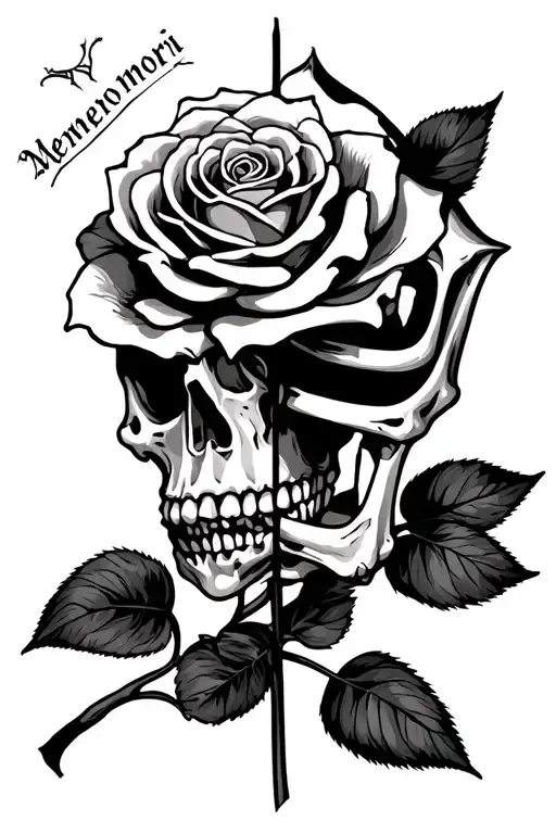 half dead half alive skeleton with a dead and alive rose with the words memento mori  tattoo design idea
