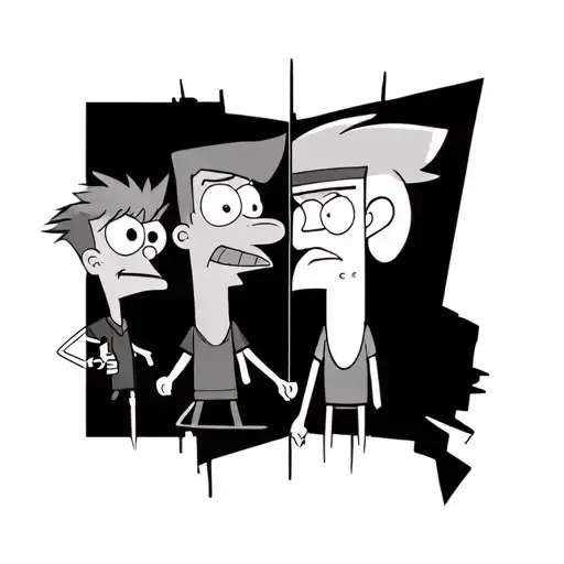 create a tricep tattoo that consist of phineas and ferb, spongebob, johnny test, with 3 seperate portraits  tattoo design idea