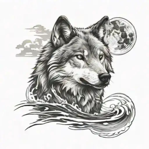 wolf looking on water tattoo design idea