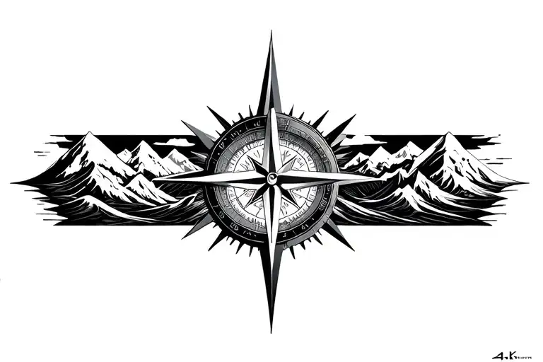 large compass with long north point surrounded by intricate geometric moutains and waves. black and white tattoo design idea