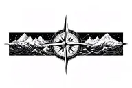 large compass with long north point surrounded by intricate geometric moutains and waves. black and white tattoo design idea