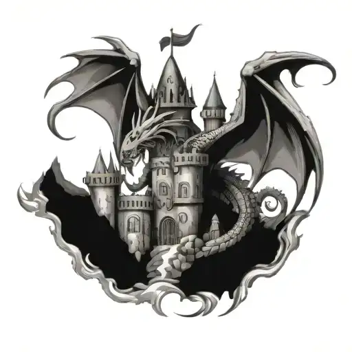 Depict a dragon protecting a castle, representing your role as a guardian and mentor to those around you tattoo design idea