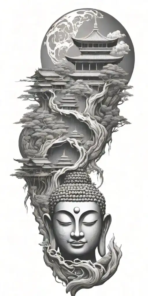 Buddhist inspired and representing someone's spiritual journey from the bottom to the top. focus on nature scenary tattoo design idea
