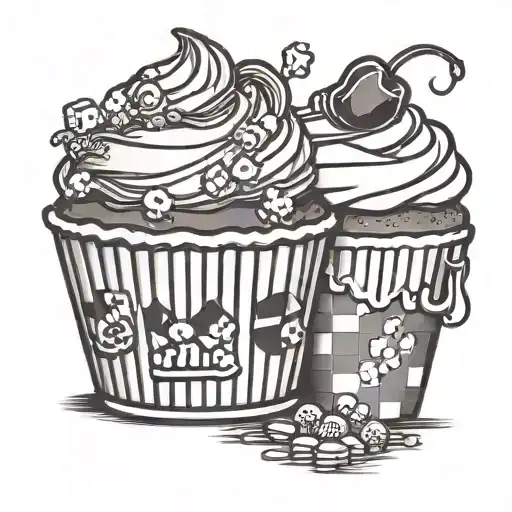 cupcake with cherry checkered popcorn bucket tattoo design idea