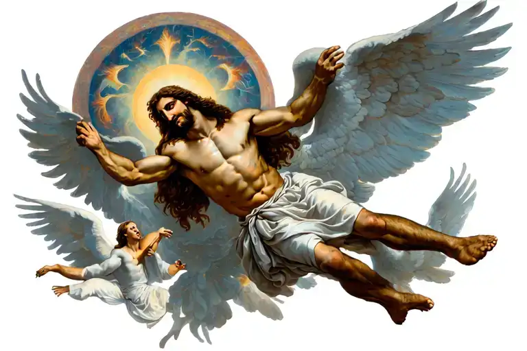 Jesus climbing the heavens and angels around his wild heart " tattoo design idea