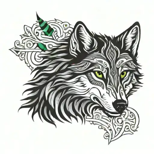 Nordic Wolf with green eyes tattoo design idea