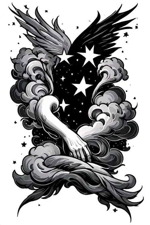 sharp stars with clouds shaded around arm sleeve tattoo design idea