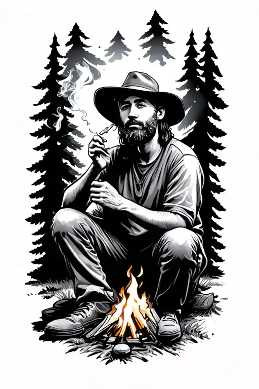 camping scene full sleeve person smoking a joint sitting tattoo design idea