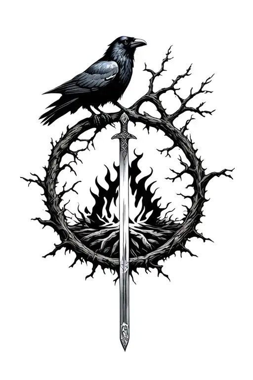 tree of life a raven, Norse runes and a bonfire with sword in it tattoo design idea
