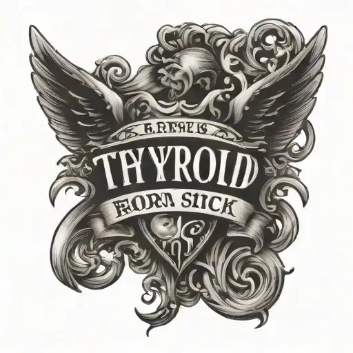 thyroid with born sick written under in old english font tattoo design idea