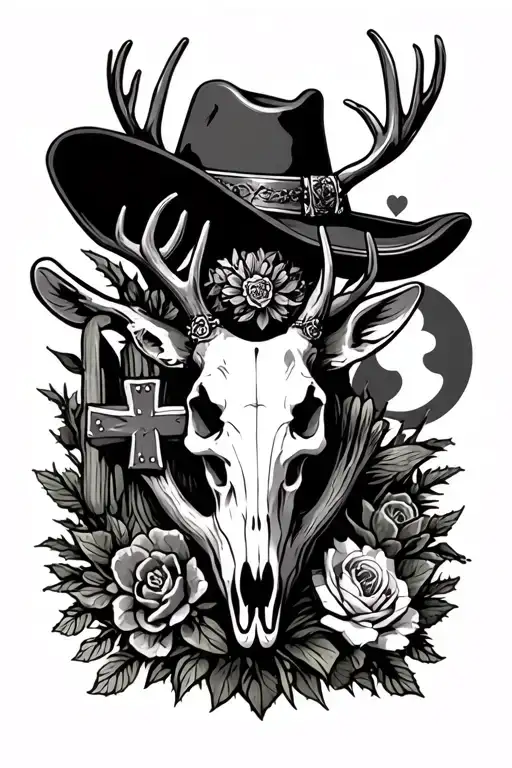 Western Leather tooling with a cross, deer skull, cactus, moon , cowboy hat, queen of hearts tattoo design idea