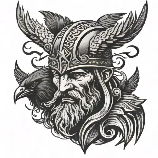 viking head with crows flying tattoo design idea
