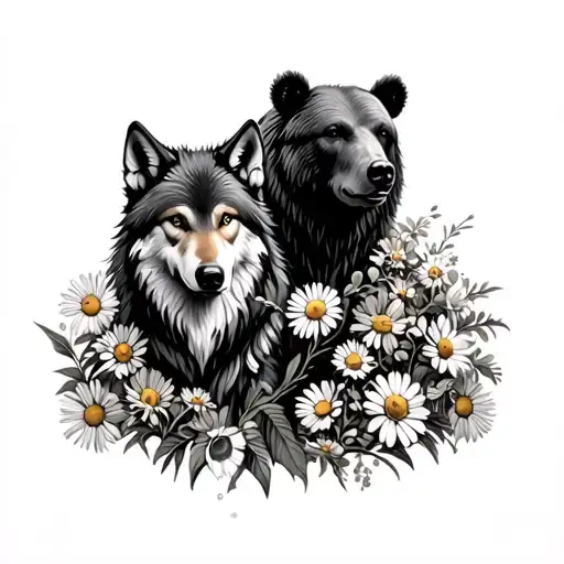 chamomile flower intertwine around a wolf and a bear tattoo design idea
