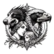 On the right an eagle head and on the left a head of Doberman, between the two a woman and her child tattoo design idea