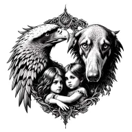 On the right an eagle head and on the left a head of Doberman, between the two a woman and her child tattoo design idea