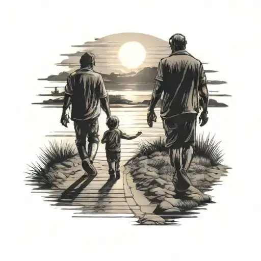 dad and son walking towards sun setting tattoo design idea