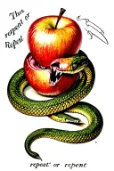 "repeat or repent" snake biting an apple tattoo design idea