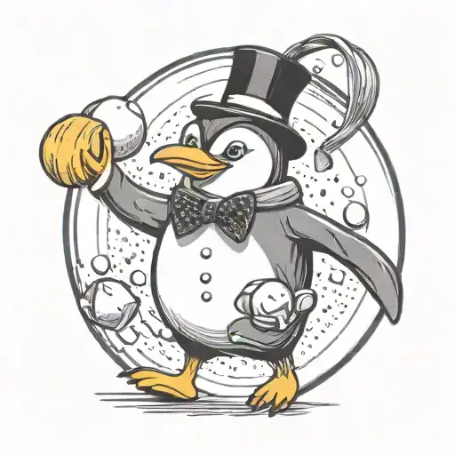 A penguin with a bowtie slipping on a banana peel while juggling snowballs. tattoo design idea