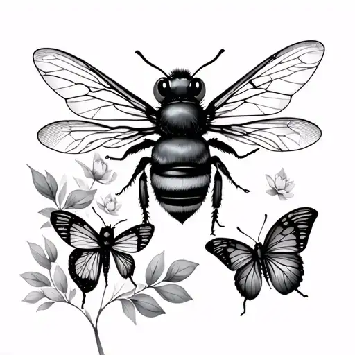 Draw a mother daughter matching tatoo, black and white bee and butterfly, geometric tattoo design idea