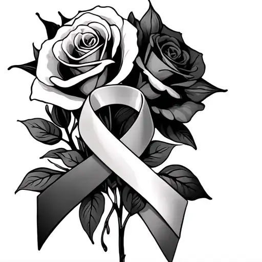 Roses and calla lilies with cancer ribbon intertwined tattoo design idea