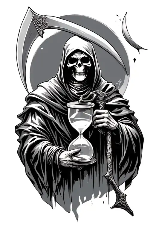 grim reaper holding scythe and hourglass tattoo design idea