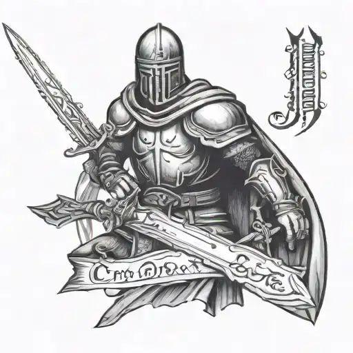 crusader knight holding a sword with words saying "when we defend the weak, we are immortal tattoo design idea