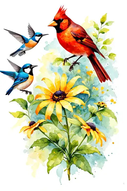 black eyed susan flower sorrounded by a cardinal, blue jay, and humming bird flying,  tattoo design idea