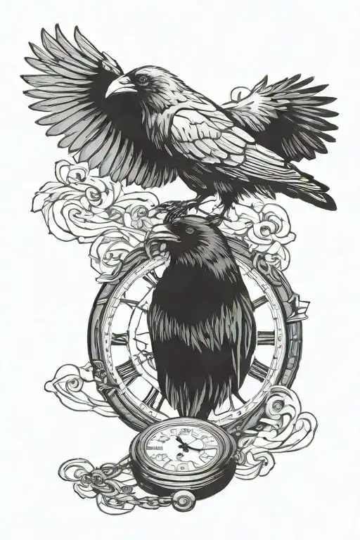 raven and pocket watch with anatomical heart turning to dust tattoo design idea