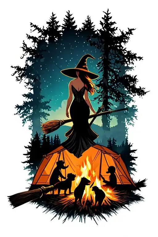 silhouette of busty sexy witch bride on broomstick over a campsite with a trailer and campfire with children & dog tattoo design idea