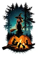 silhouette of busty sexy witch bride on broomstick over a campsite with a trailer and campfire with children & dog tattoo design idea