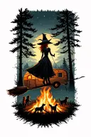 silhouette of busty sexy witch bride on broomstick over a campsite with a trailer and campfire with children & dog tattoo design idea