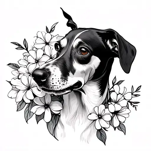 whippet dog smelling flowers tattoo design idea