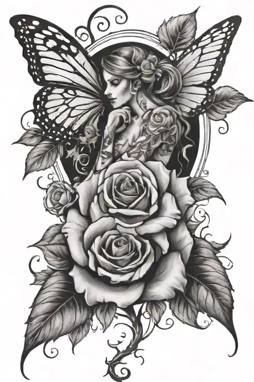 Rose with Fairy sit ON with butterfly wings made tattoo design idea
