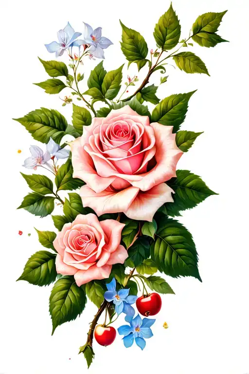 smooth green stems with smooth leaves intertwined with climbing roses, larkspur, cherry blossom, hollyhawk flowers tattoo design idea