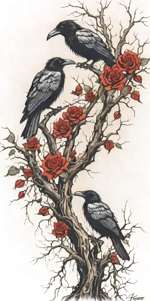 crooked scary looking tree wich gnarled and snapped branches. ravens perched amongst the branches roses weaving amongst tattoo design idea