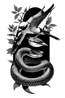 Japanese style back tattoo with rattle snake and mockingbird  tattoo design idea