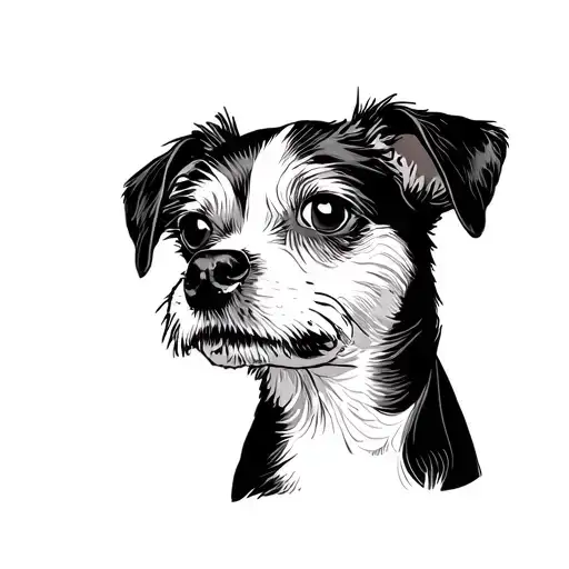 The dog of the dog Jack Russell is a black and white sketch (the ears are bent in half, the eyes are a little oval, the white strip on the face is wide, tattoo design idea
