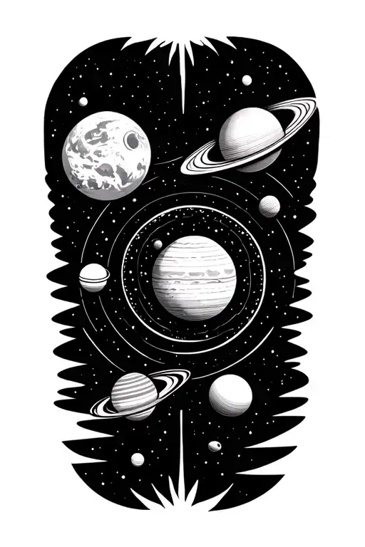 solar system with all planets, moons, and dwarf planets from wrist to elbow, sun at wrist tattoo design idea