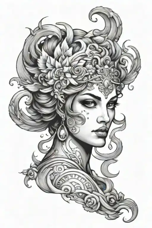 Greek goddess surrounded by air, water, fire, and earth tattoo design idea