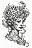 Greek goddess surrounded by air, water, fire, and earth tattoo design idea