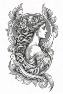Greek goddess surrounded by air, water, fire, and earth tattoo design idea