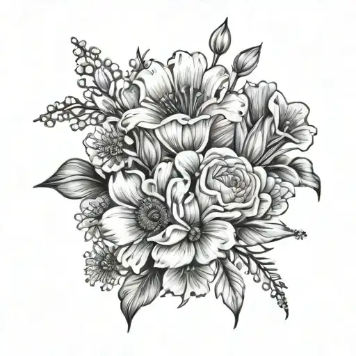 A fine line tattoo of a small bouquet with a singular poppy, gladiolus, daisy and babies breath flowers, black and white tattoo design idea