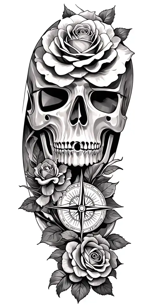 roses, Japanese death mask, compass, mythology tattoo tattoo design idea