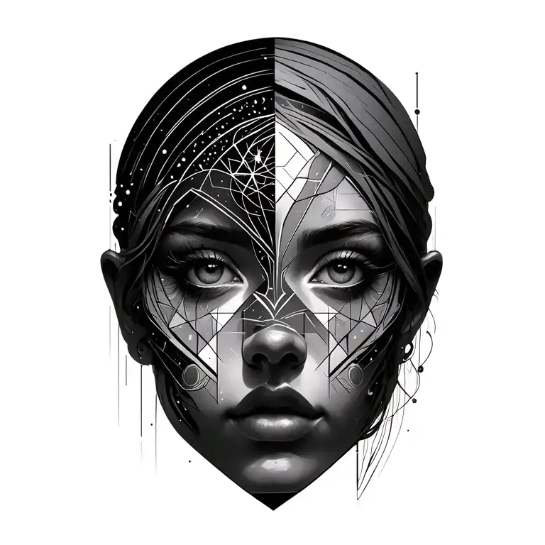sacred geometry patterns integrated bio mech half female face tattoo design idea
