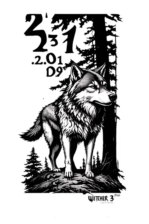 "27.05.1999" Wolf out of the forest from the Witcher 3 game tattoo design idea